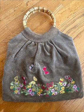 Brown Suede Floral Embroidered Bamboo-Handle Tote